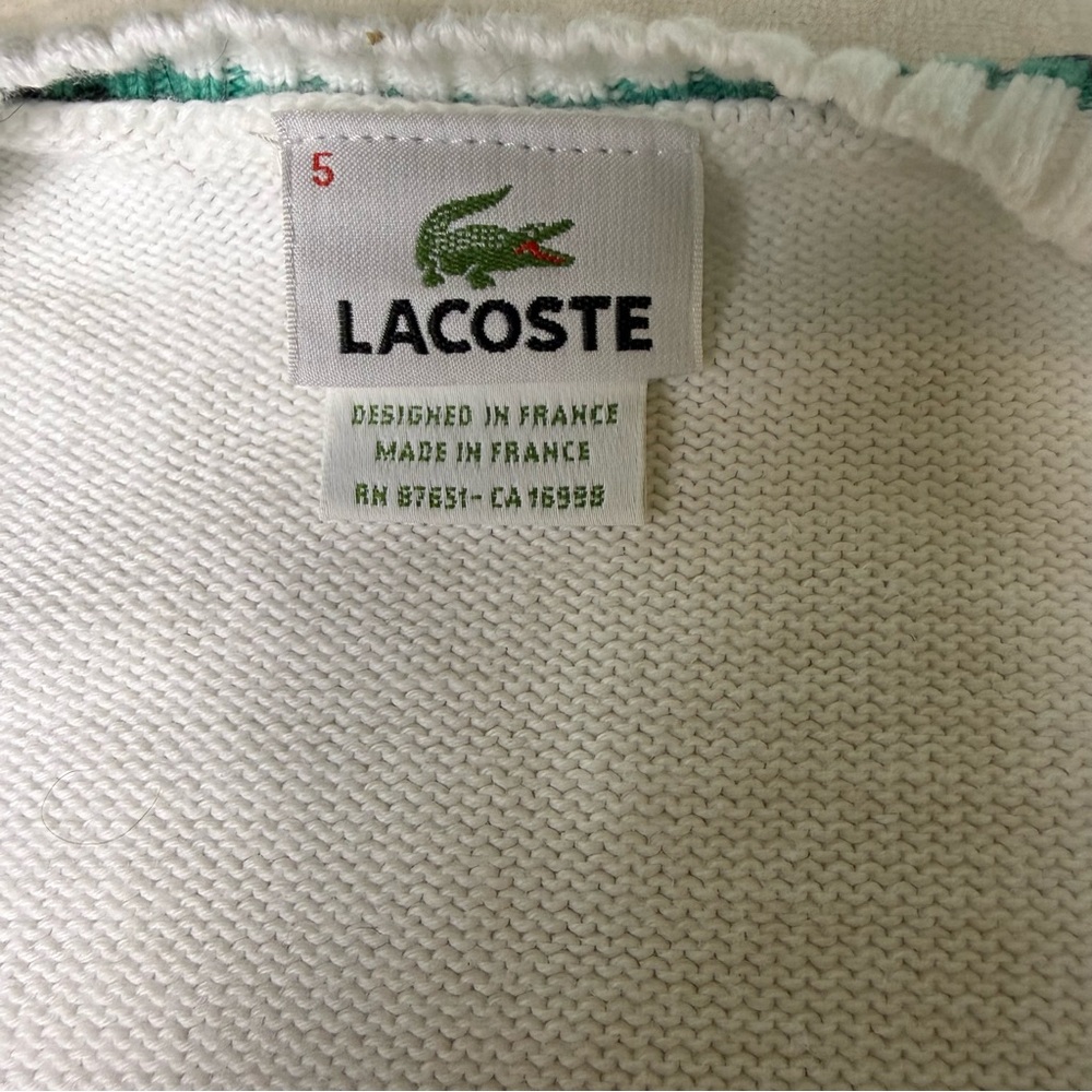 Lacoste White V-Neck Cable Knit Sweater Vest with Green Trim - Picture 2 of 4